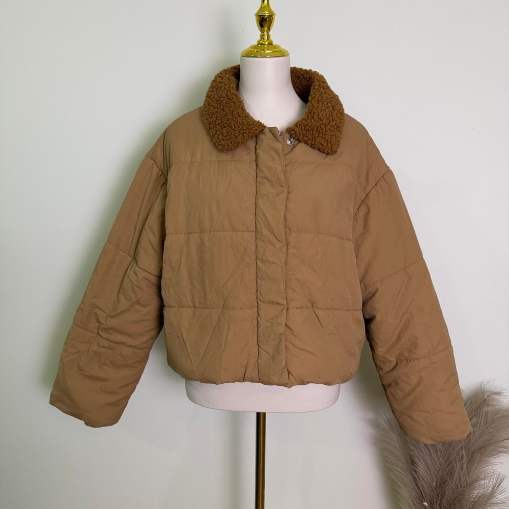 Blue Blush Camel Quilted Puffer Jacket with Sherpa Fleece Collar